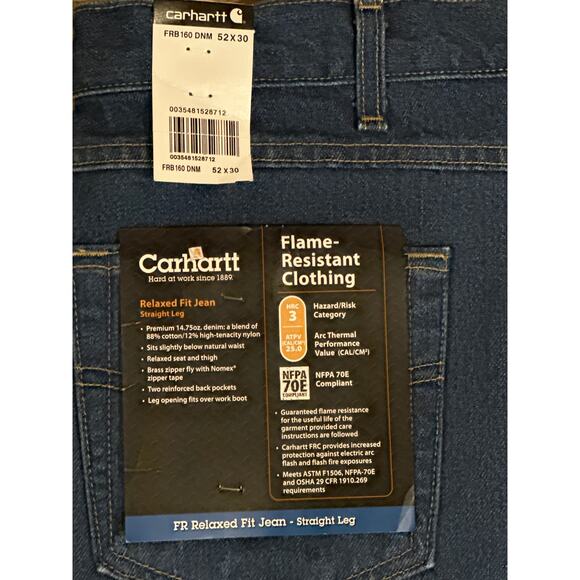 Carhartt Flame Resistant Relaxed Fit Jeans Straight Leg Size 52 x 30 Workwear - Picture 3 of 16
